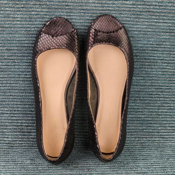 Cole Haan Morgan Peep Toe Ballet Flats Black Leather Uppers Embossed Snakeskin - Picture 4 of 16